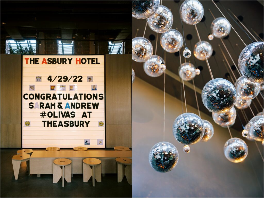 The lobby of the Asbury Hotel set up with a personalized marquee board for an Asbury Hotel wedding.