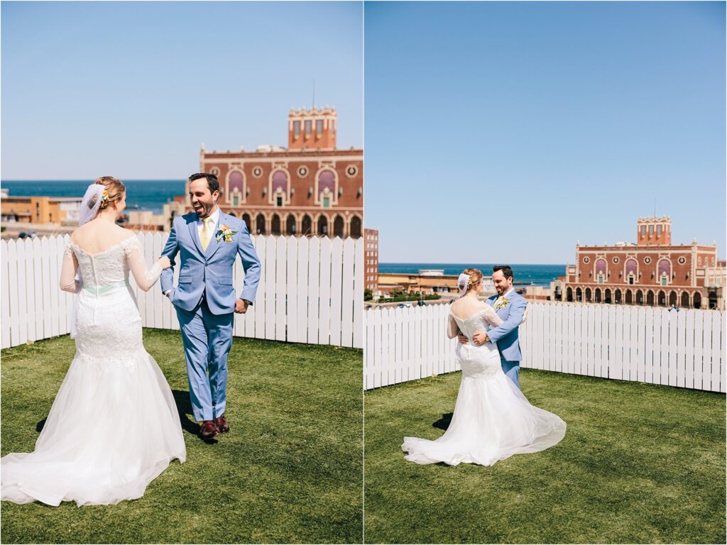 A bride and groom share a first look on the Baronet rooftop at the Asbury Hotel