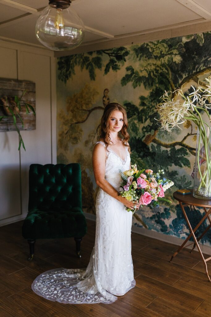 A bride portrait in the mural room at Promise Ridge in Stroudsburg, PA