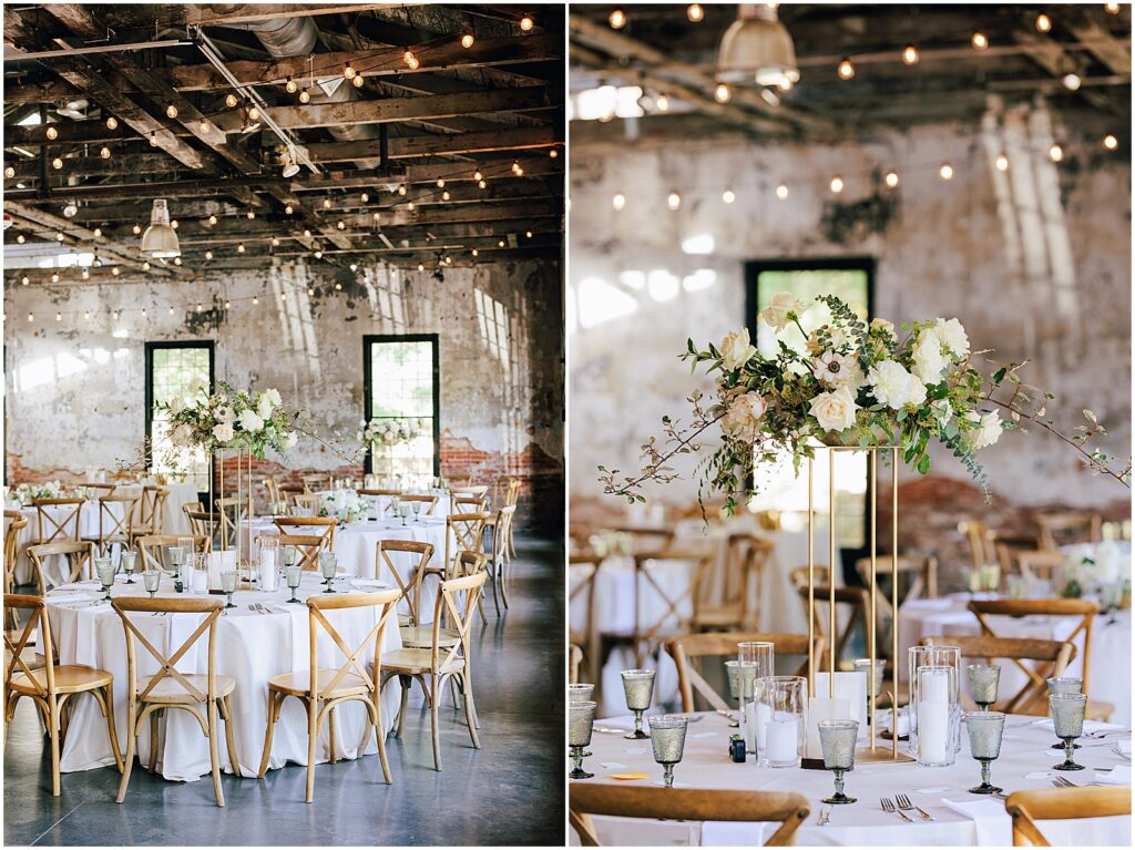 A Baltimore wedding venue is decorated with pastel floral arrangements on reception tables.