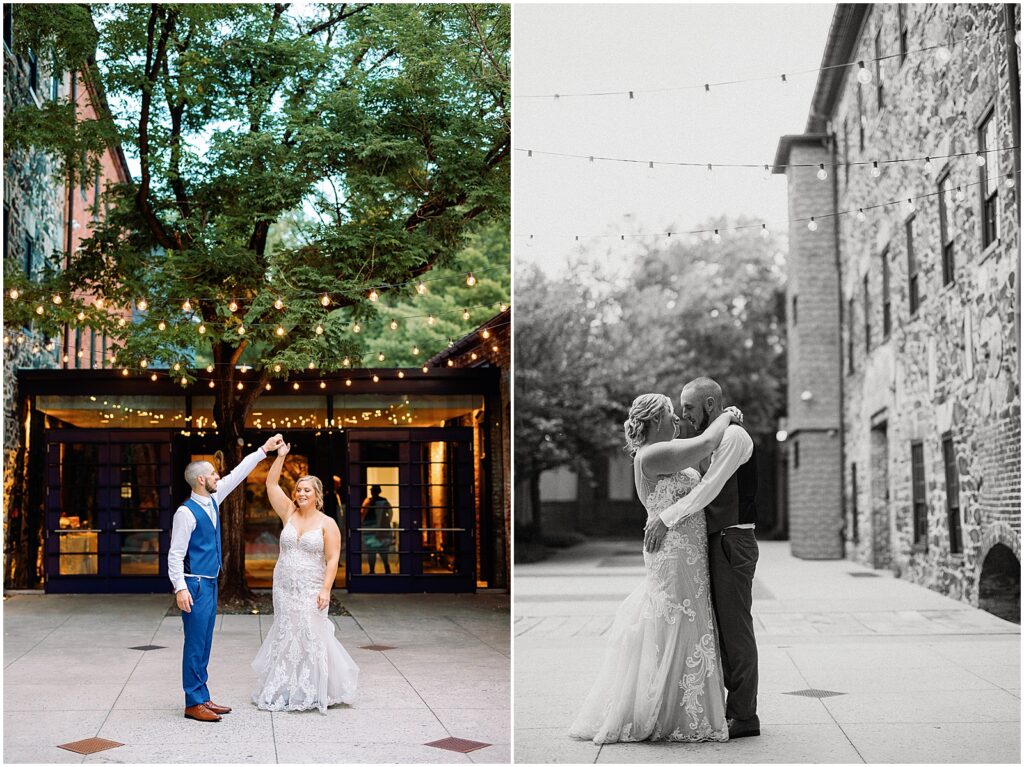 A bride and groom dance in the courtyard of Mt Washington Mill Dye House.