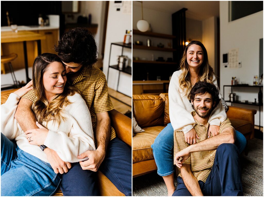 Brittany and Joey pose on a couch for Philadelphia engagement photos at Lokal Fishtown.
