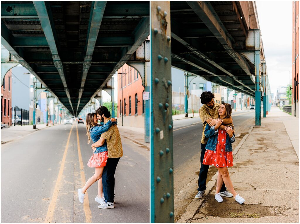 Joey and Brittany pose for Philadelphia wedding photos under the elevated train.