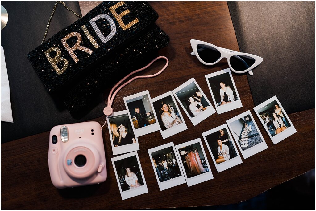 Polaroid wedding photos show a bride and bridesmaids getting ready for a Philadelphia wedding.