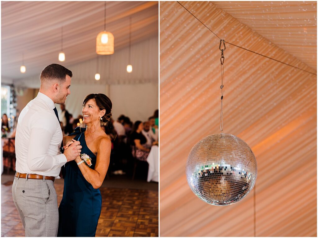 A groom dances with her mother under a disco ball.