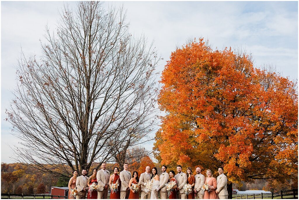 A bride and groom pose with their wedding party in front of a tree at their fall wedding.