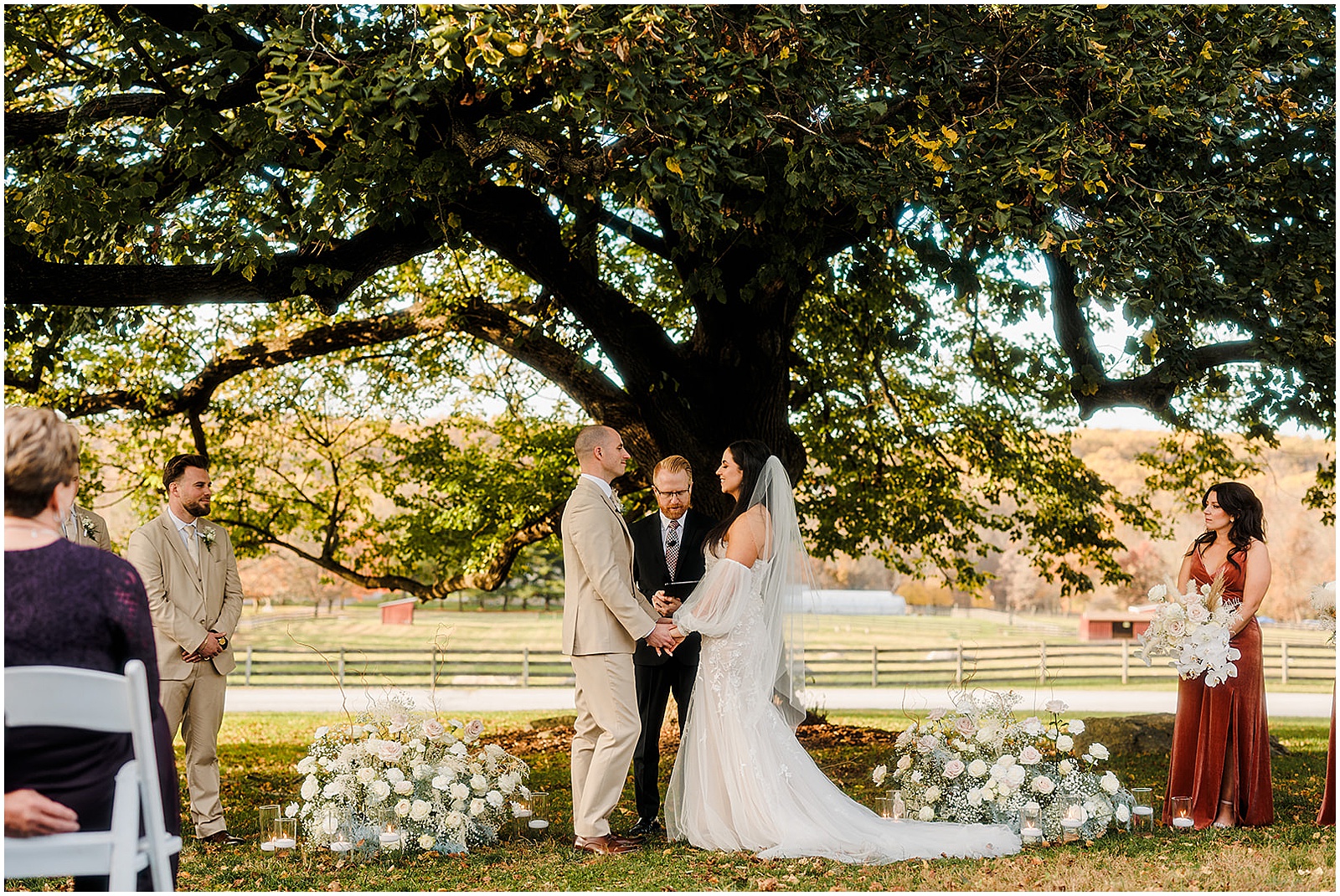 A bride and groom exchange vows under a tree at Springton Manor Farm.
