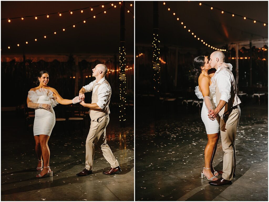 A bride and groom kiss during a private last dance.