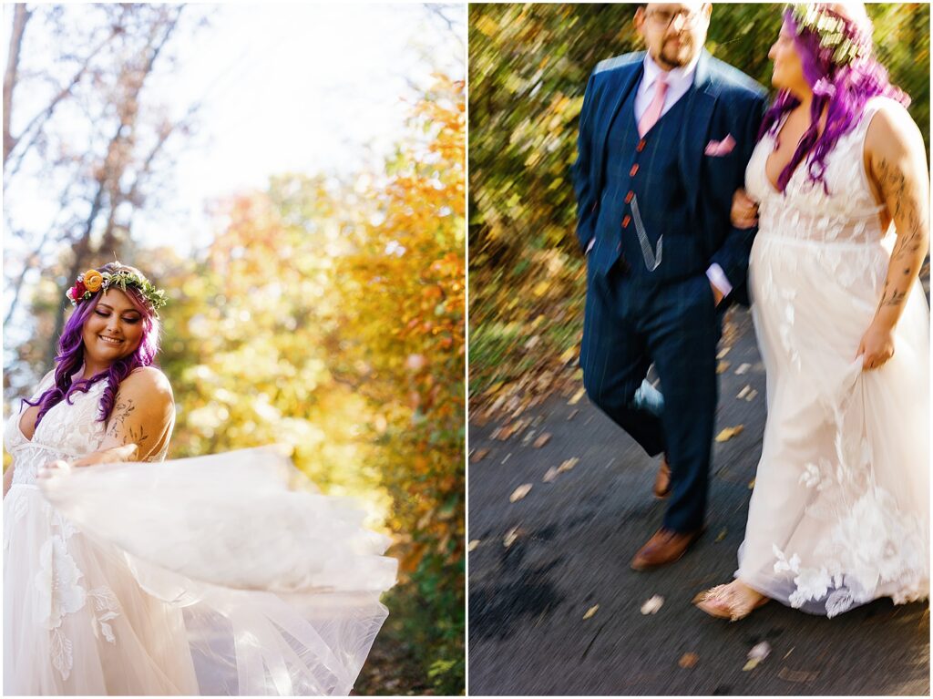 A bride and groom walk down a path in a blurred trendy wedding photo.