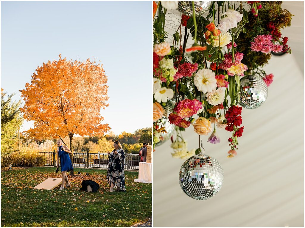 Wedding guests play lawn games beside an orange-leafed tree at a fall wedding.