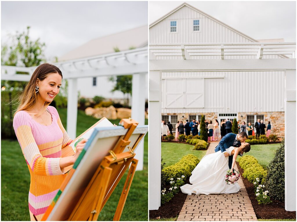 A wedding painter smiles as she applies paint to a canvas.