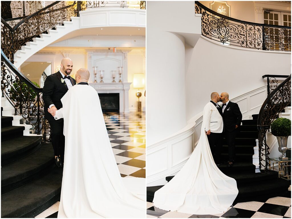 Two grooms share a first look on the staircase in the Addison Park.