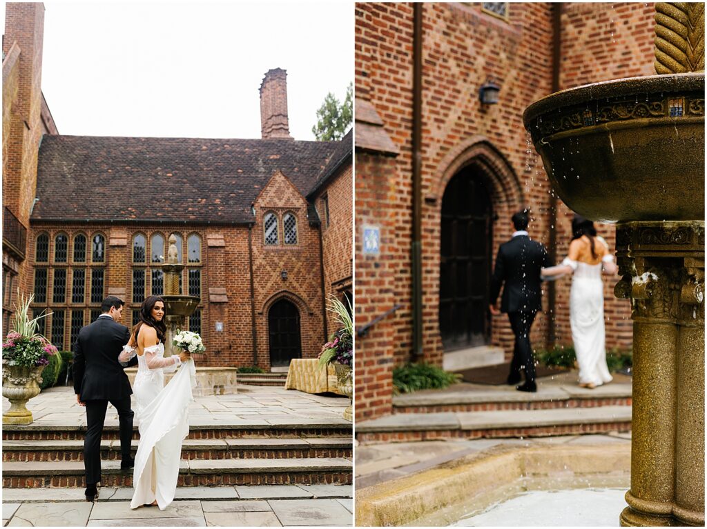 A bride and groom walk through a brick courtyard towards an Aldie Mansion wedding.