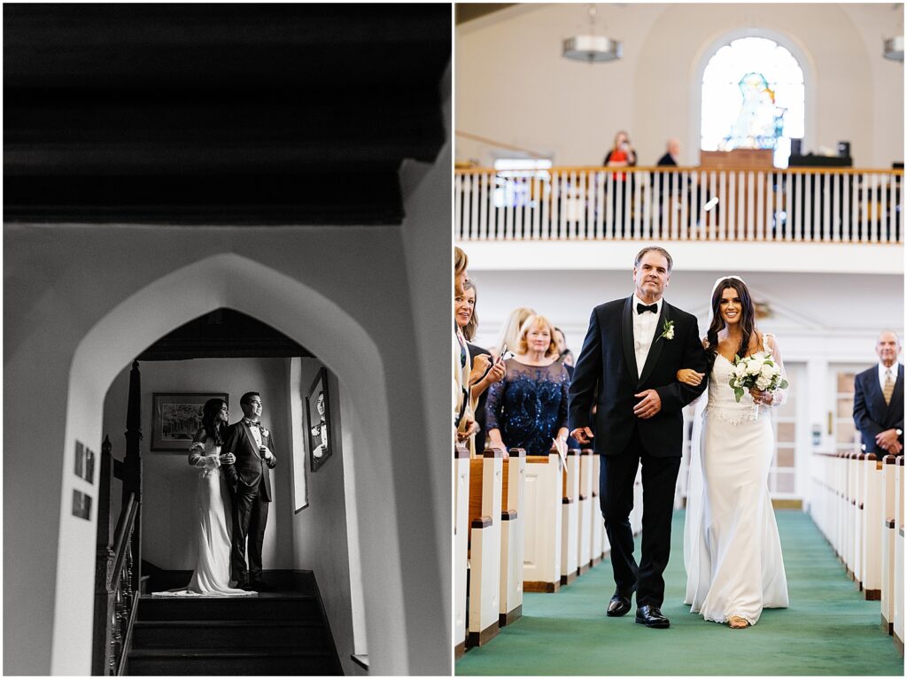 A bride walks down an aisle for a church wedding.