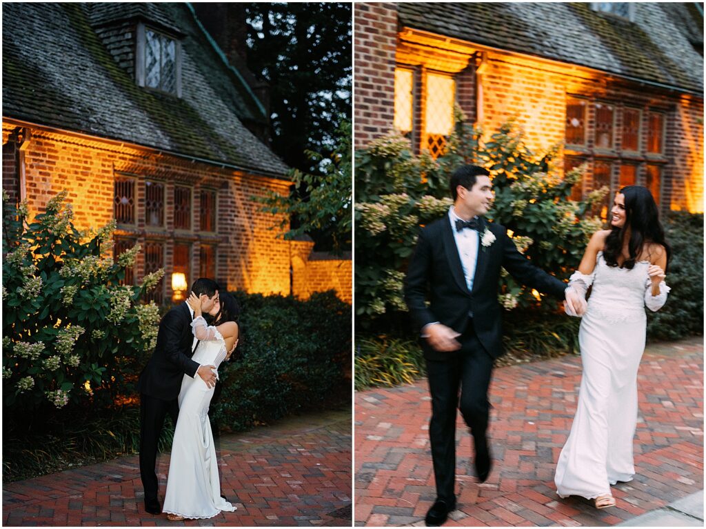A bride and groom kiss outside Aldie Mansion at night.