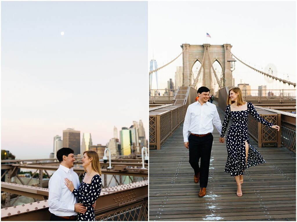 A man and woman hold hands walking down the Brooklyn Bridge at sunrise.