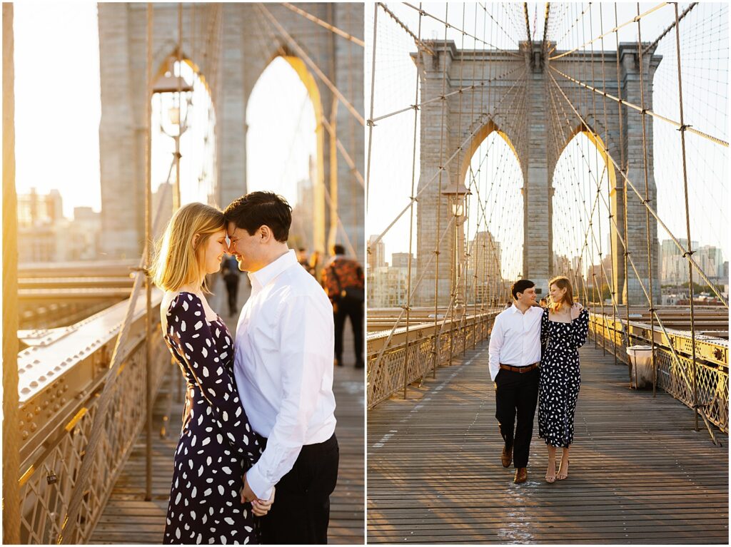 A man and woman touch foreheads in a Brooklyn Bridge engagement photo.