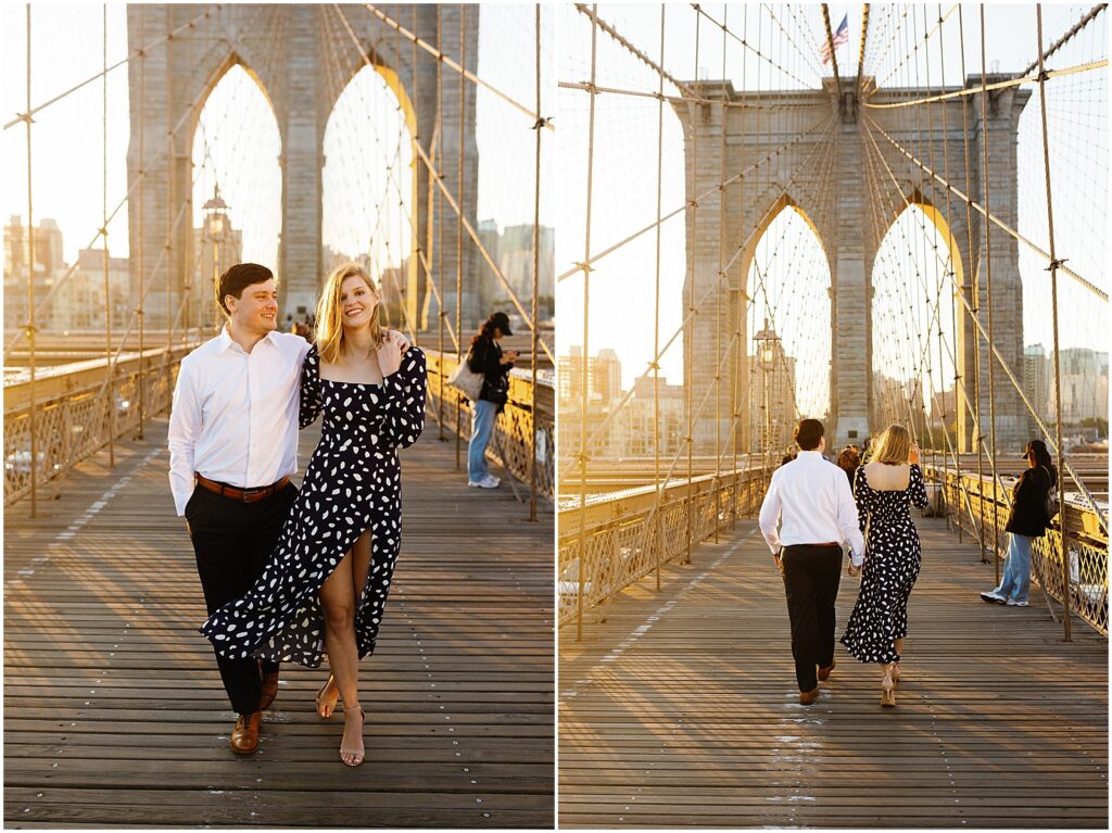 An engaged man and woman hold hands and walk away from a New Jersey wedding photographer on the Brooklyn Bridge.