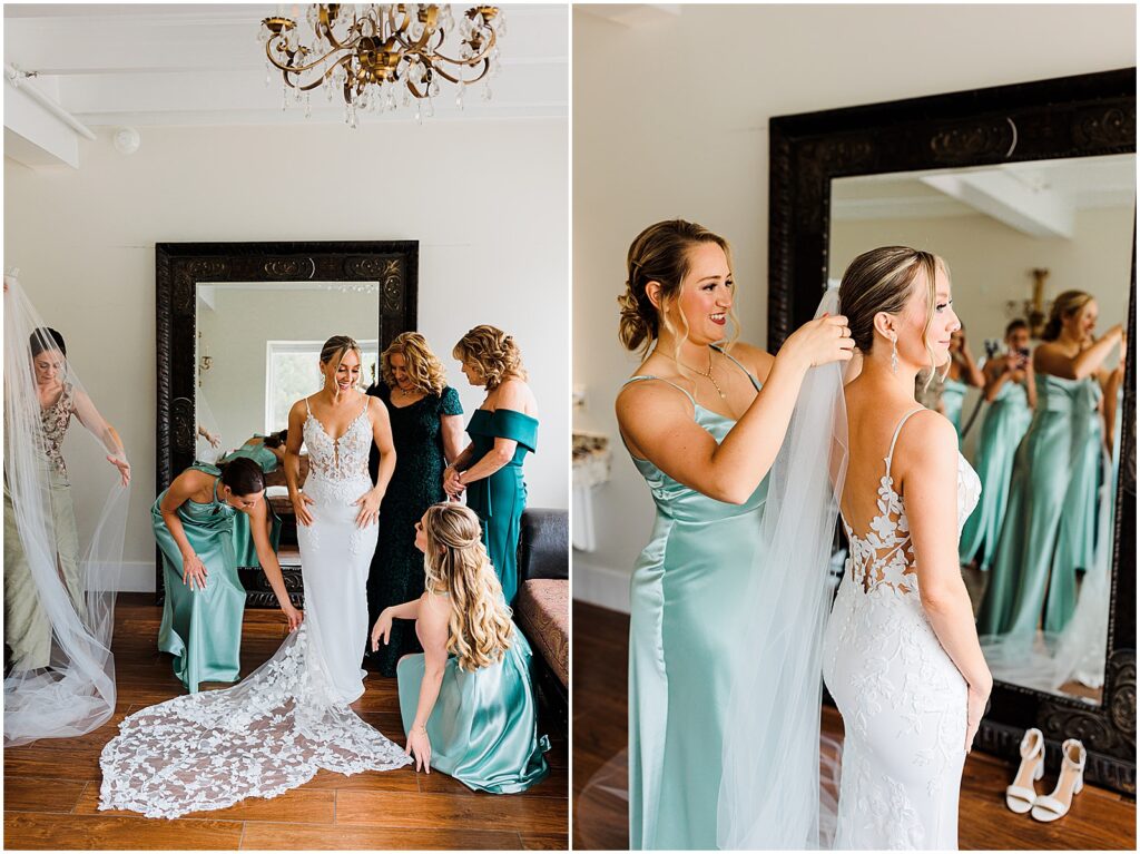 Women in blue bridesmaid dresses help a bride put on her veil for her Perona Farms wedding.