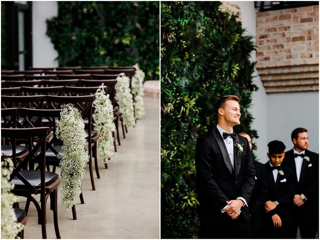 Bundles of baby's breath flowers decorate chairs for a Perona Farms wedding ceremony.