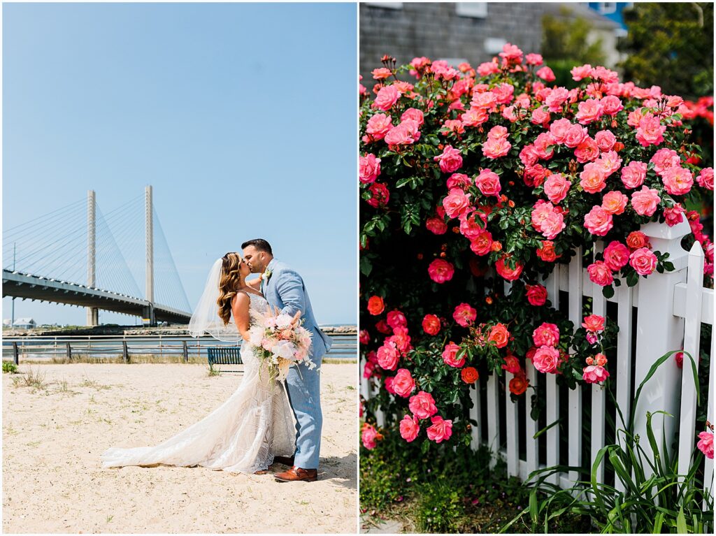 Pink roses bloom along the fence at a Indian River Lifesaving Station wedding.