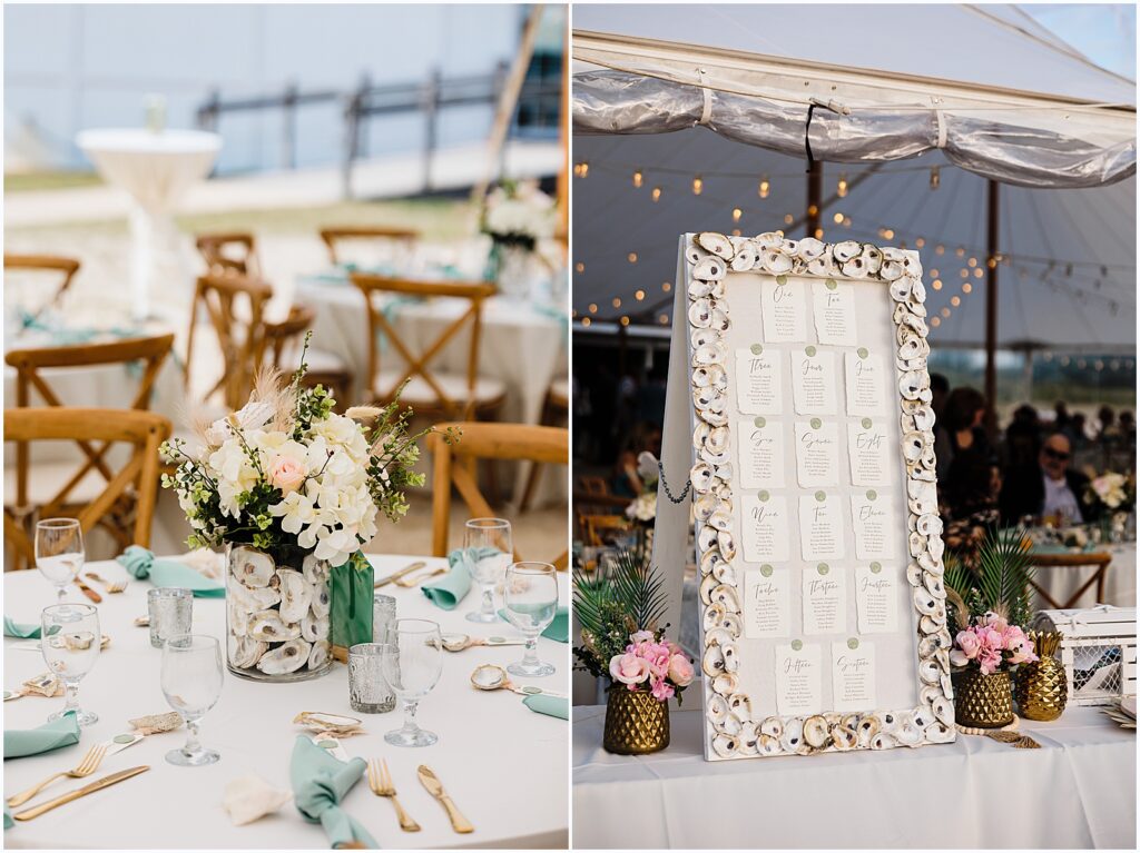 Oyster shells decorate a seating chart at a beach wedding reception.