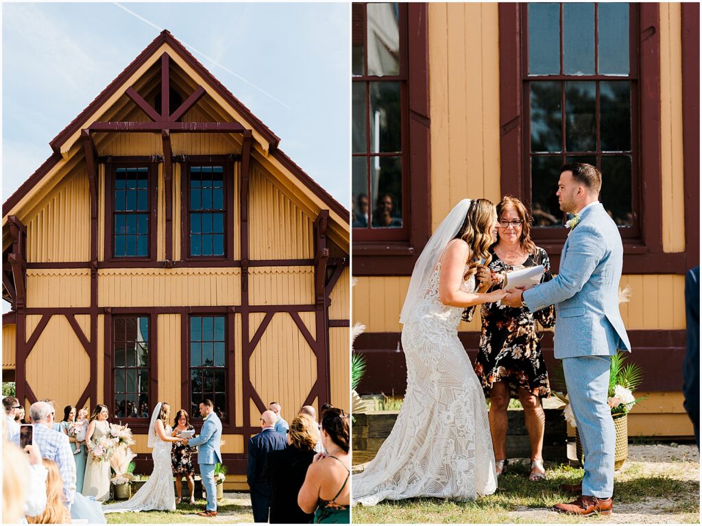 A bride and groom stand in front of an old boathouse for their Indian River Lifesaving Station wedding.
