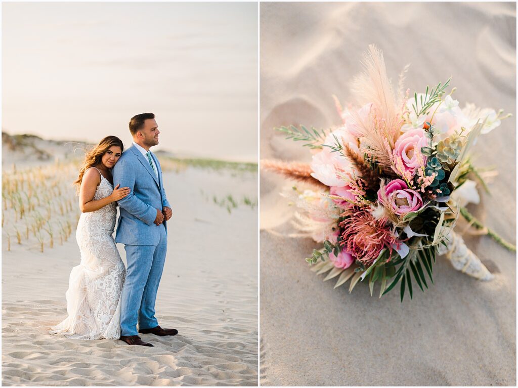 A pink bridal bouquet lays in the sand at sunset at the Delaware shore.