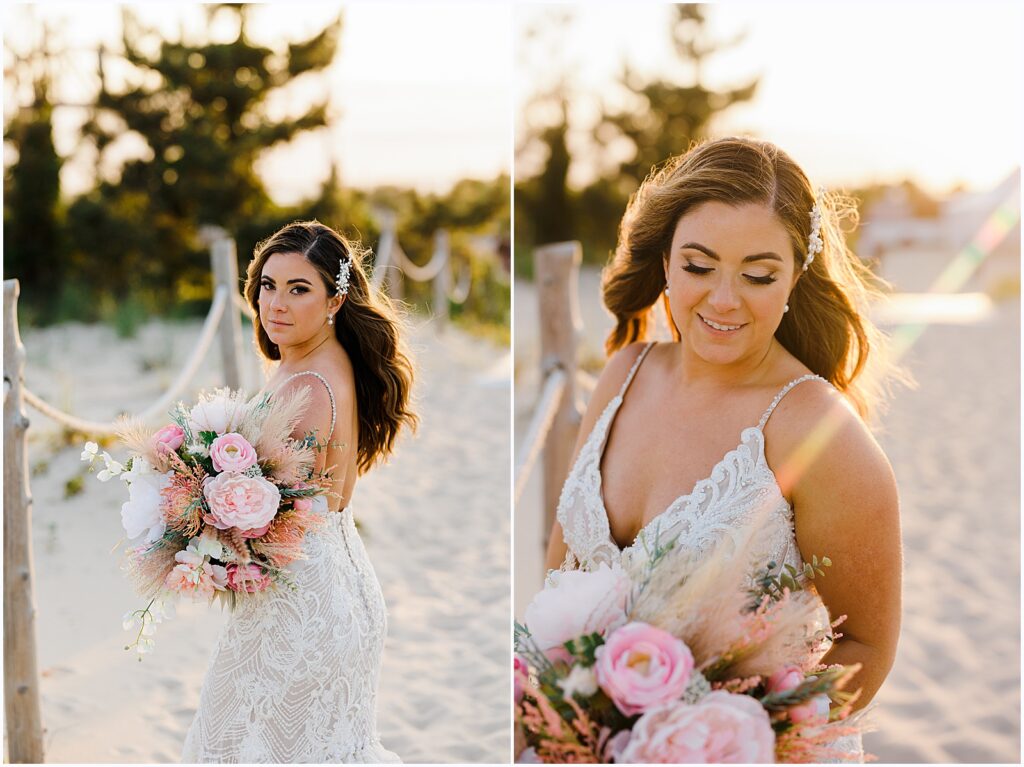 A bride poses on a Delaware beach with a pink bridal bouquet.