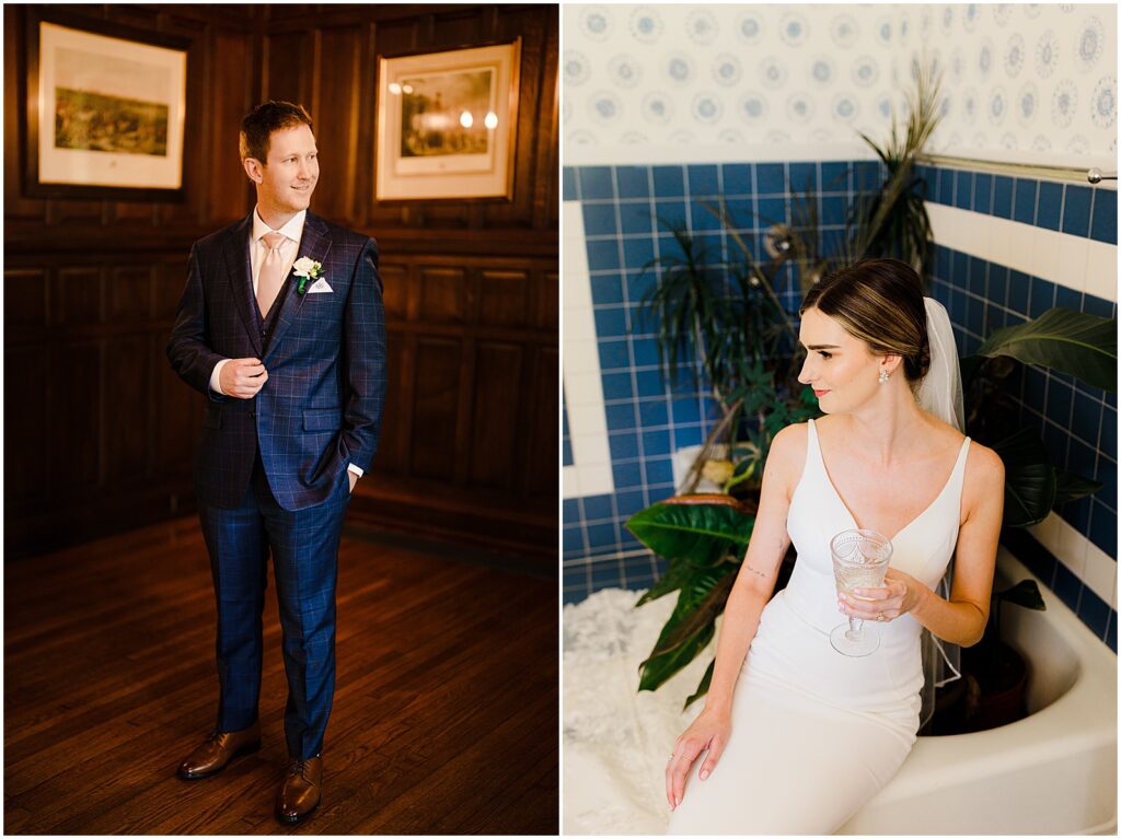 A bride and groom pose for editorial wedding photos in different rooms of Bellevue Hall.