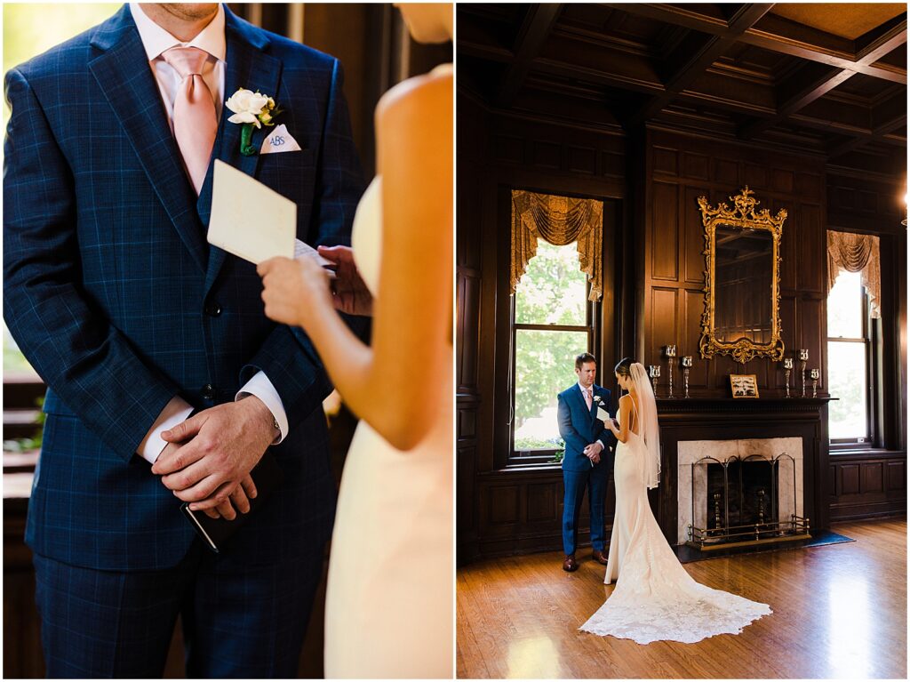 A bride and groom read private vows in a Delaware wedding venue.