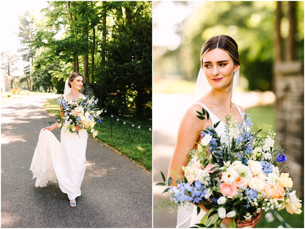 A bride carries a large bouquet down a path at Bellevue Hall.