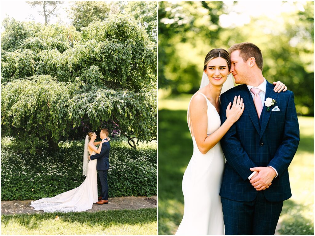 A bride and groom pose for portraits beneath a tree in a garden outside Bellevue Hall.