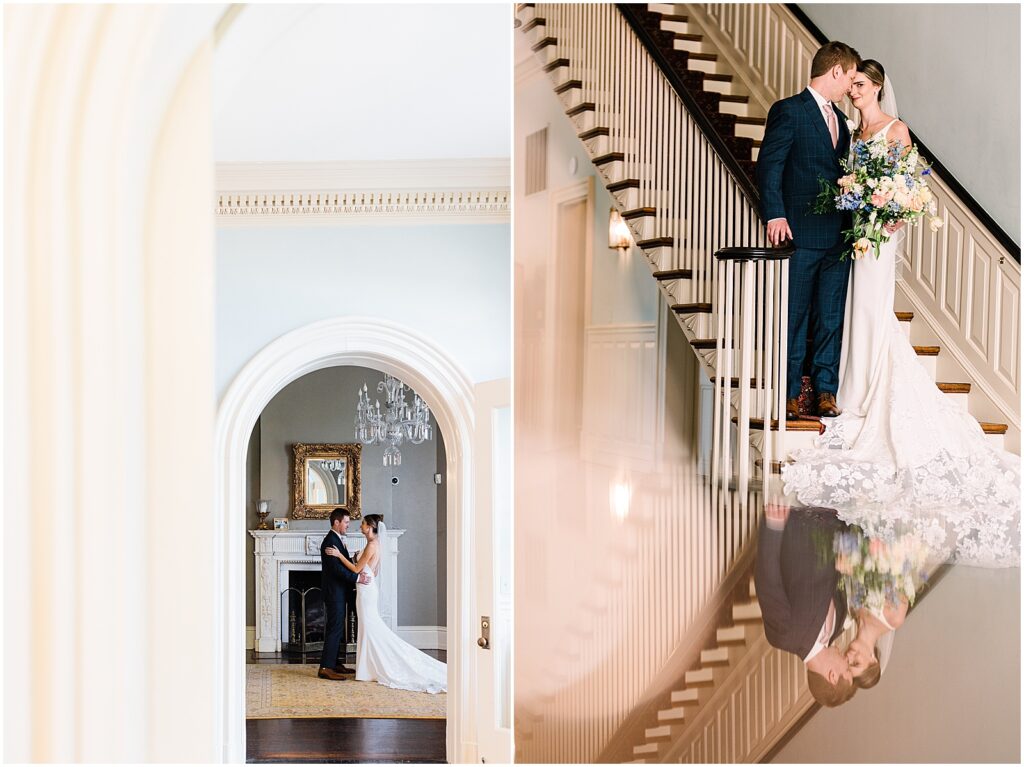 A bride and groom kiss on a staircase in Bellevue Hall.