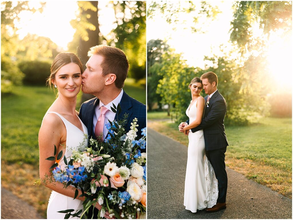 A bride and groom pose for golden hour portraits in the gardens at Bellevue Hall.