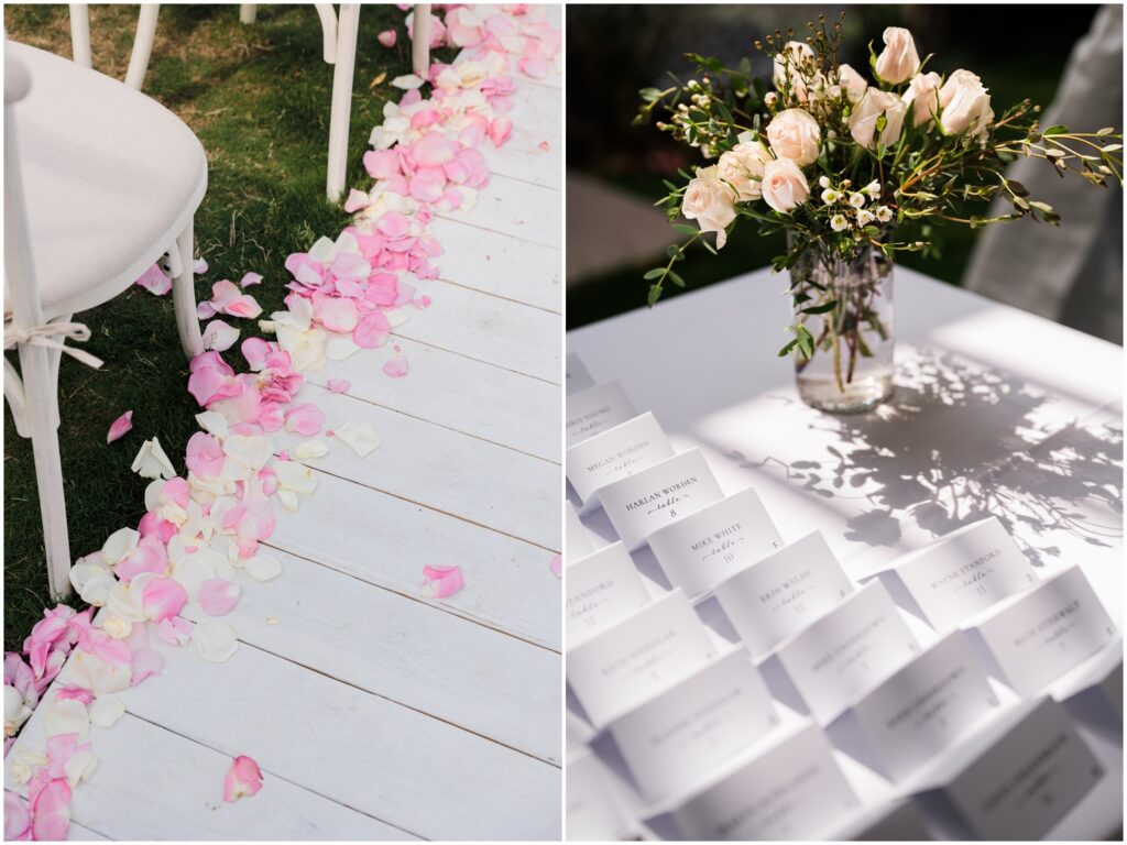 Pink rose petals line the aisle at an Addy Sea wedding.