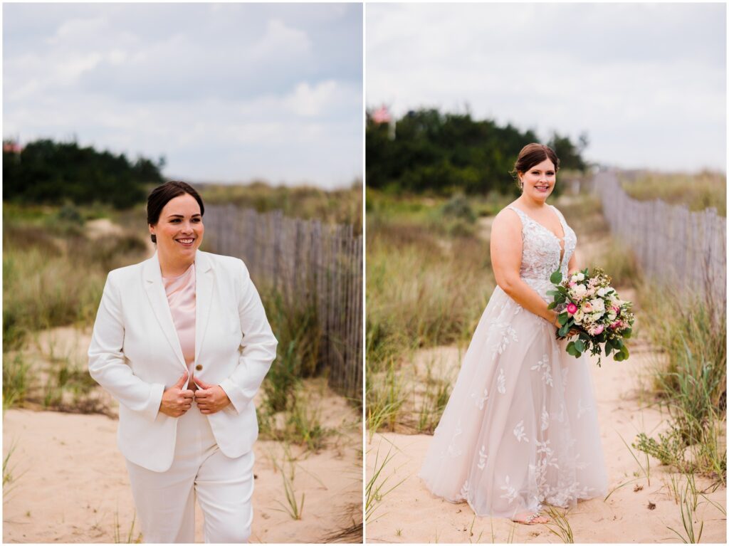 Two women pose for bridal portraits on Bethany Beach.