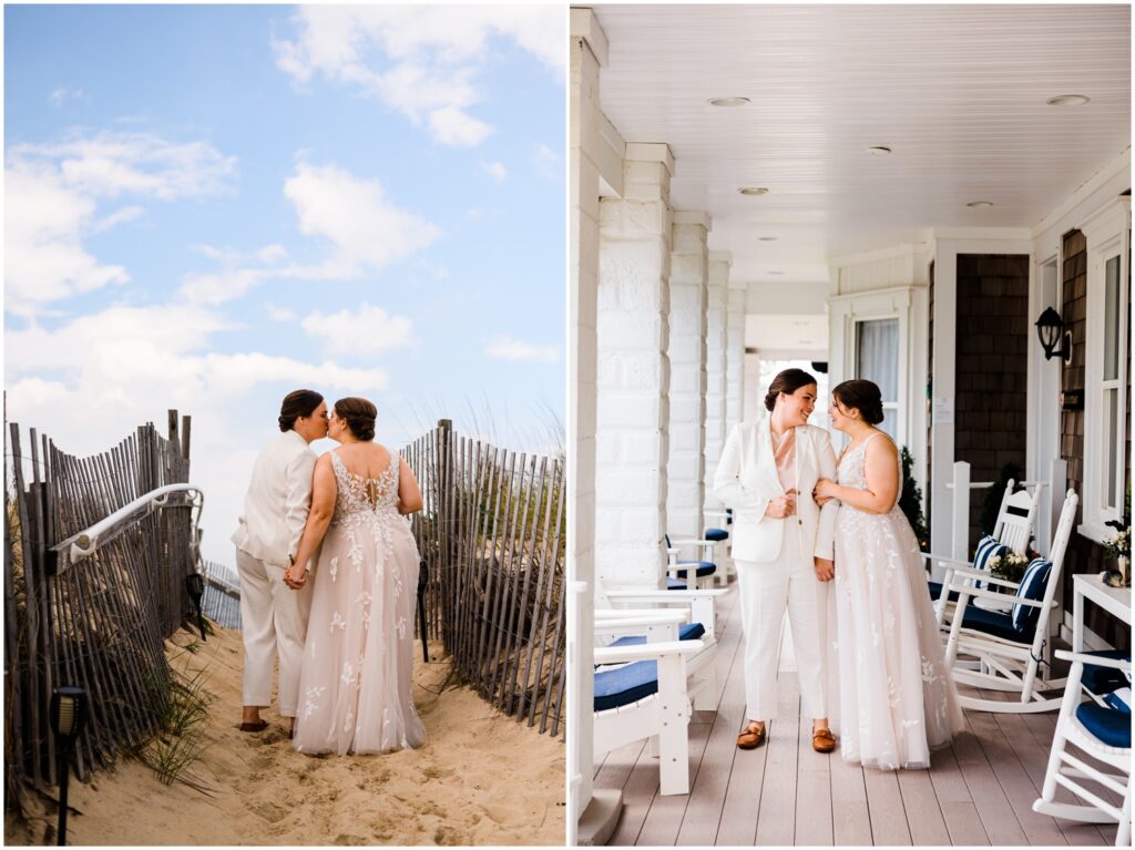 Two brides stand between rocking chairs on the porch of Addy Sea Historic Oceanfront Inn.