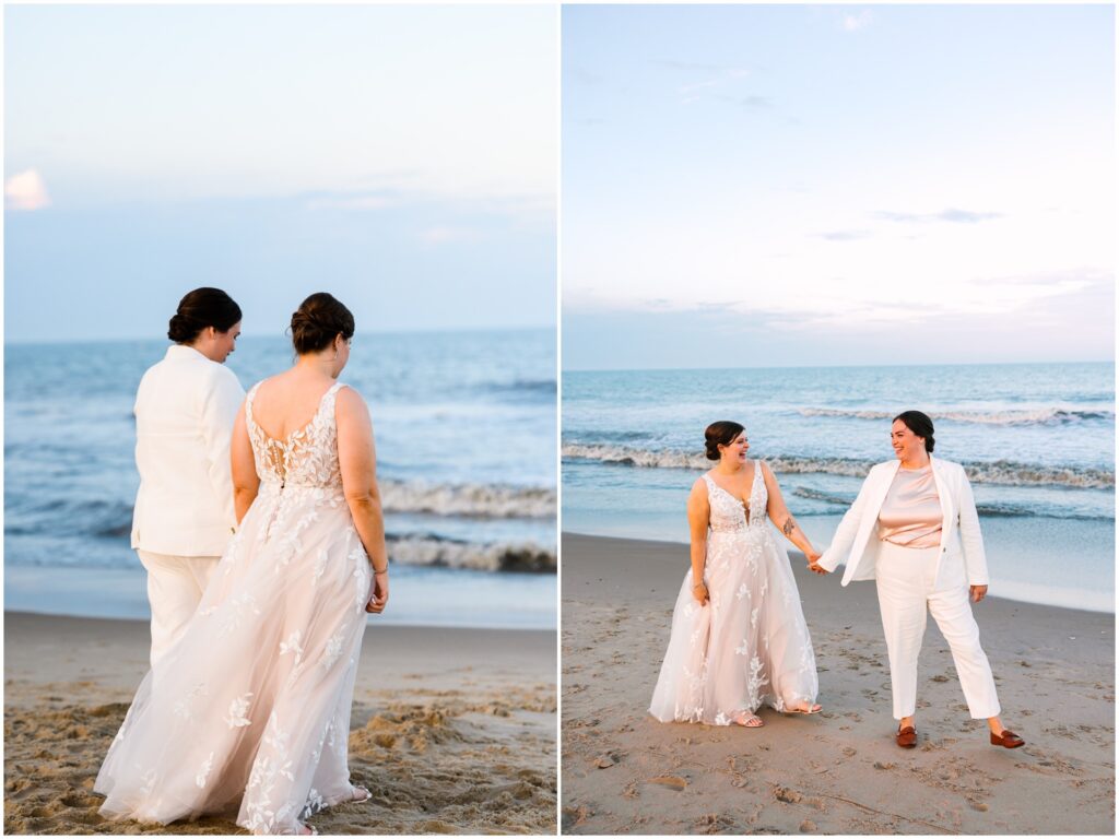 Two brides hold hands and walk along the beach beside Addy Sea Historic Oceanfront Inn.