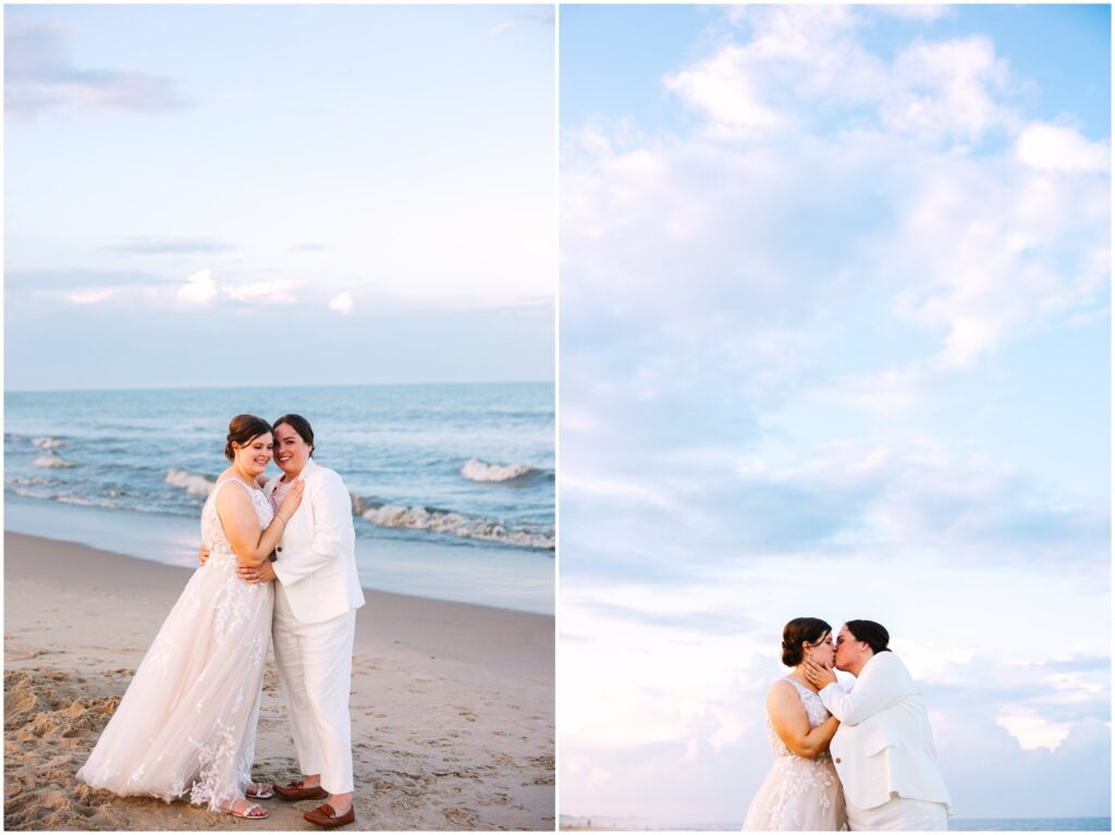 Two brides kiss on Bethany Beach after their wedding at Addy Sea Historic Oceanfront Inn.
