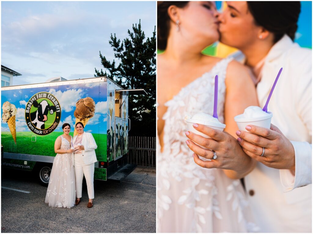 Two brides pose with scoops of ice cream.