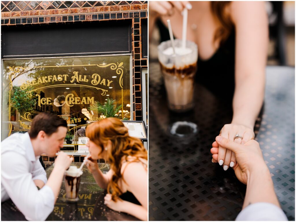 A man and woman drink a milkshake outside the Nassau Diner for Princeton engagement photos.
