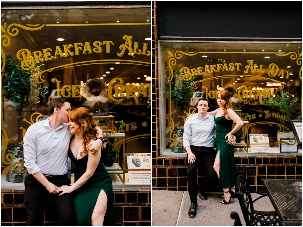 A man and woman pose for styled engagement photos outside a retro diner in Princeton.