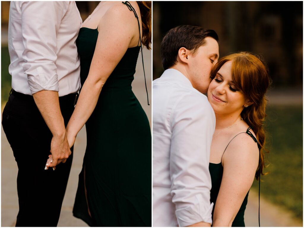 A man kisses a woman's cheek during a Princeton engagement photo session.