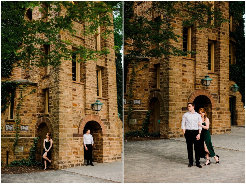 A man and woman lean against a Princeton building for creative engagement photos.