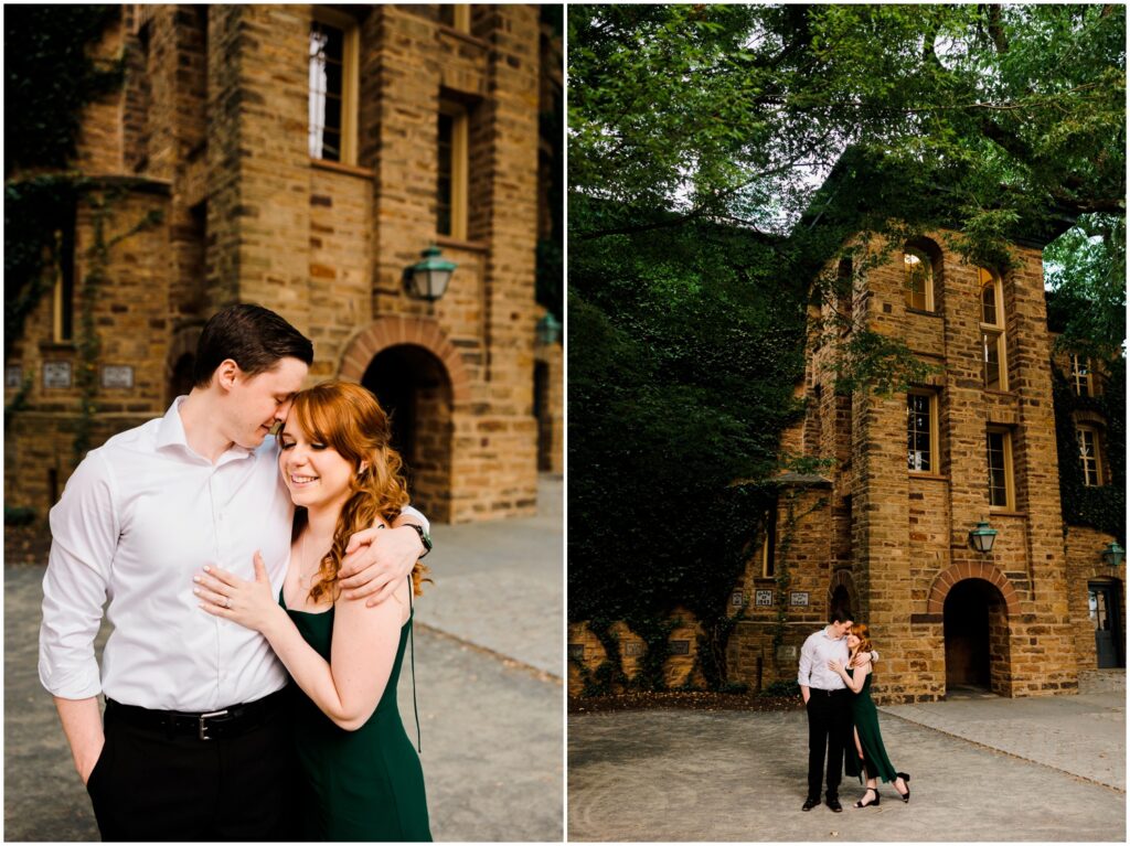 A man and woman embrace in front of a historic building.