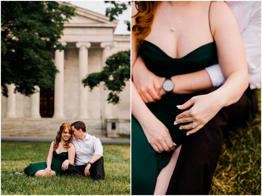 A man and woman sit in the grass and pose for creative engagement photos.