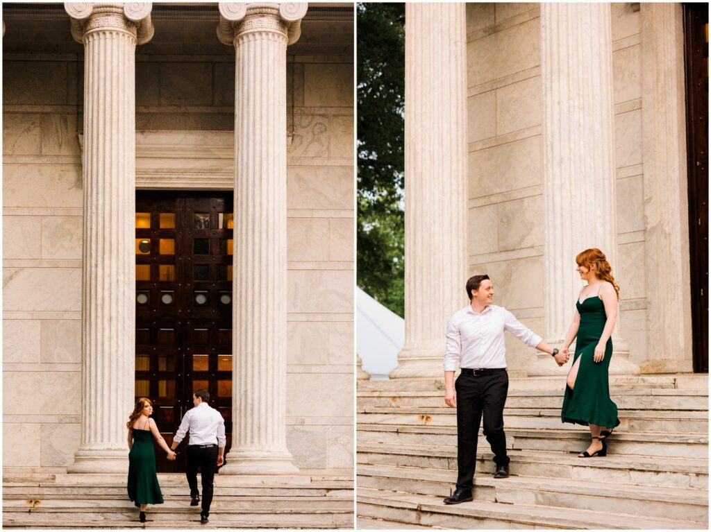 A man leads a woman down the steps of a Princeton building during an engagement session.