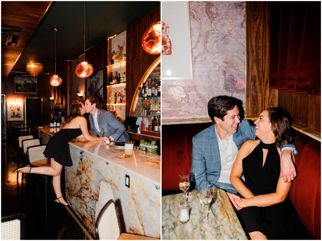 A man puts his arm around his fiancee in a booth at a Manhattan bar.