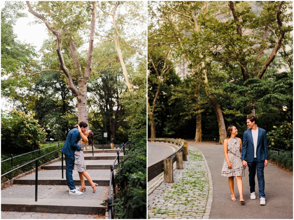 A man and woman hold hands and walk through Central Park for New York City engagement photos.
